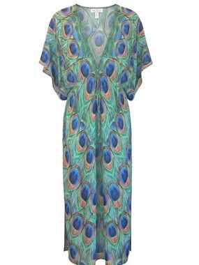 Peacock Print Maxi Kimono Dress Sheer Swim Beach Cover Caftan Tall Resort Hawaii